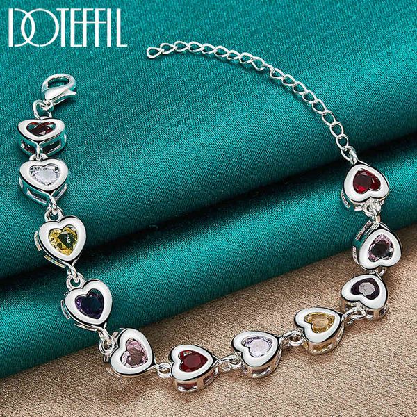 

doteffil 925 sterling silver heart inlaid with multi-color aaa zircon bracelet chain for woman engagement party wedding jewelry, Golden;silver