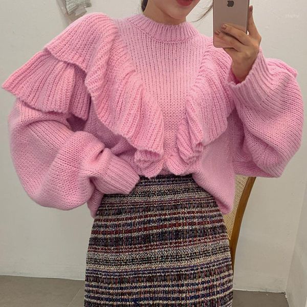 

women's sweaters stylish spring knit female o-neck ruffle knitted women loose pullover jumpers 2021 full sleeve pull femme v562, White;black