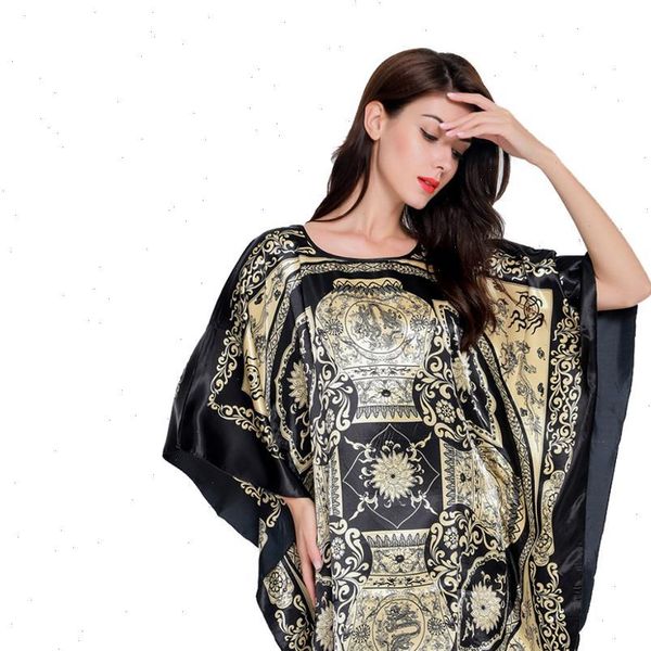 

plus size printed rayon satin women sleepwear bat sleeved nightgown loose short nightdress casual nightwear home dress lady, Black;red