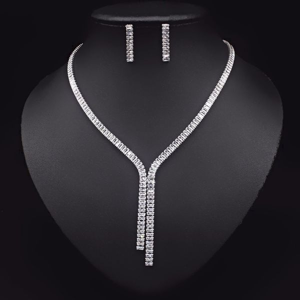 

2021 cubic zirconia long necklace earrings sets for brides wedding jewelry accessories jolleria mujer de oro for women, Silver