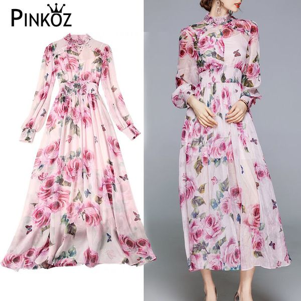 Dolce e morbido ragazza rosa fiore di rosa supporto di cristallo di lusso collae chiffon maxi vestito da festa cena a vita alta abiti taglie forti 210421