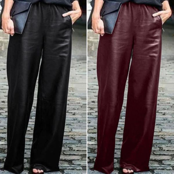 

wide leg trousers zanzea women pants fashion pu leather casual long pantalon female elastic waist black turnip oversized, Black;white
