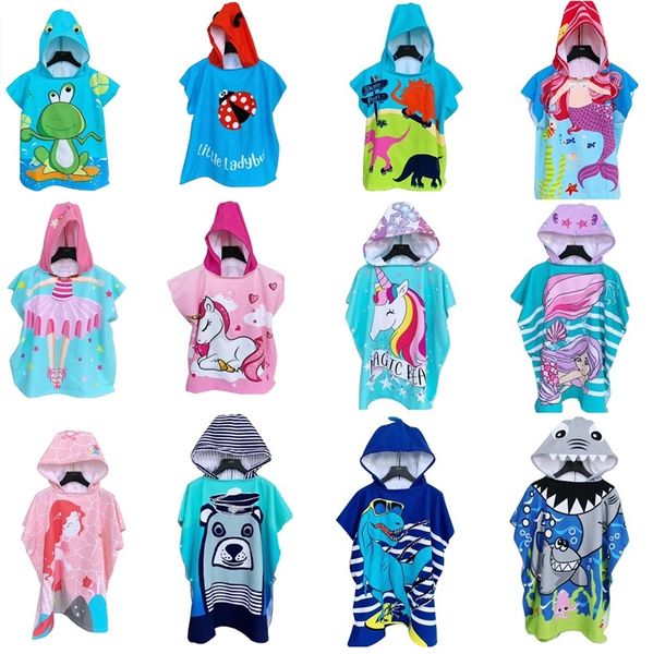 Asciugamani da bagno indossabili per bambini Accappatoio Mantelli Telo mare con cappuccio Cartoni animati assorbenti Stampato Shark Mermaid Surf Swim Pool Poncho ZC604