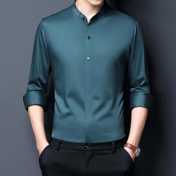 

men's casual shirts solid slim fit long sleeve mandarin collar dress shirt men brand formal black chemise man business xl, White;black