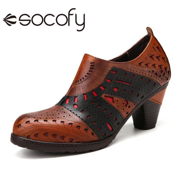 

women retro style hollow pattern pumps color block cowhide leather comfy side zipper chunky heel ankle shoes dress, Black