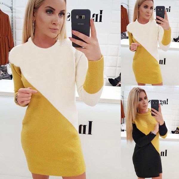 

warm autumn winter women dress long sleeve knitted sweater fleece patchwork short mini dresses ladies fashion casual clothes, Black;gray