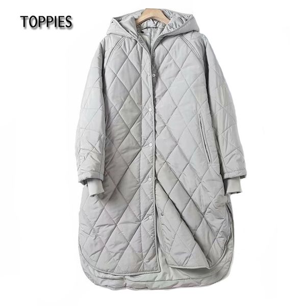 

ies long straight winter coat with rhombus pattern winter hooded long coat female parkas streetwear 211108, Black
