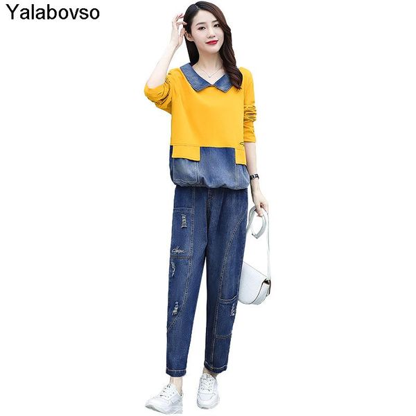 

casual suits 2piece outfits 2021 spring large size denim splicing vintage retro long sleeve t-shirt radish pants yalabovso women's two, White