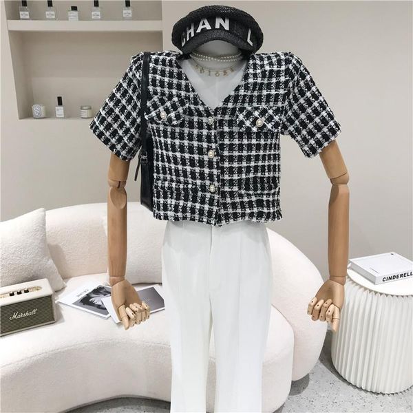 

women's jackets spring summer 2021 fashion v-neck short sleeve niche design thin coat blue white contrast plaid pearl breasted top, Black;brown