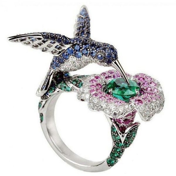 

wedding rings fashion multicolor blue green crystal rhinestone bird flower for women bohemia animal engagement ring jewelry gift, Slivery;golden