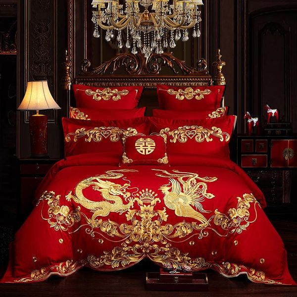 

bedding sets luxury red 100% cotton gold phoenix loong rose embroidery chinese wedding set duvet cover bed sheet bedspread pillowcase