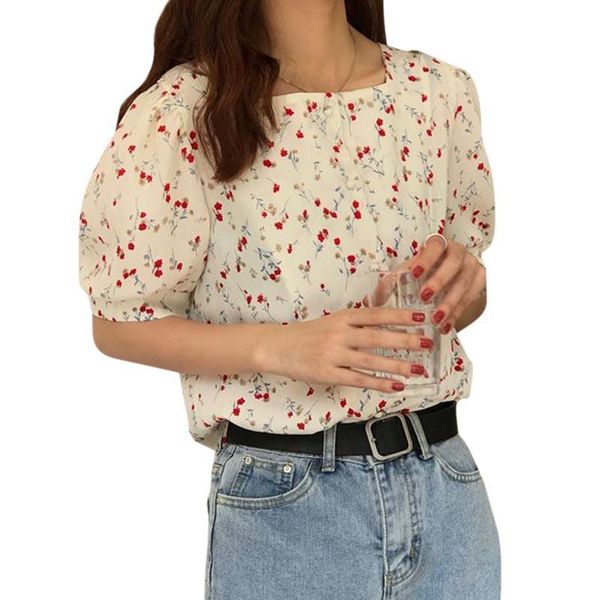 

womens small fresh floral tshirt clavicle exposed square neck short sleeve womentee shirt women's t-shirt, White