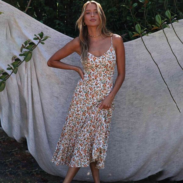 

casual dresses boho floral print women hollow back midi v-neck sleeveless slip dress beach chic summer vestidos 20ge, Black;gray