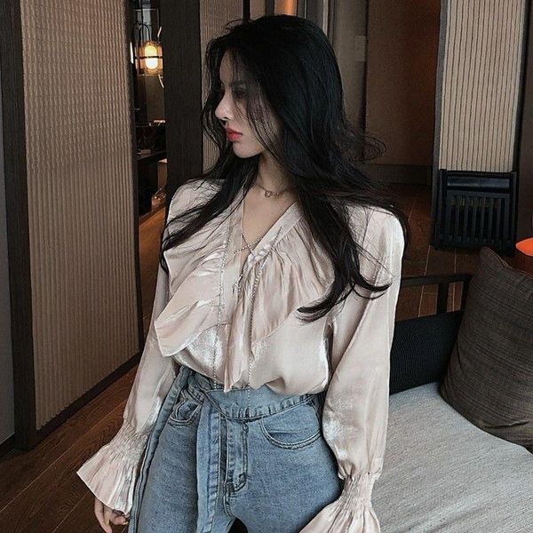 

women's blouses & shirts blouse women autumn vintage ruffled long-sleeved v-neck shirt jacket blusas ropa de mujer, White