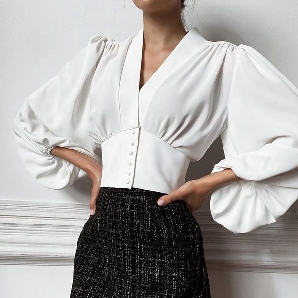 

women's blouses & shirts lantern sleeve womens cropped vintage red female short shirt v-neck slim breasted draped blouse, White