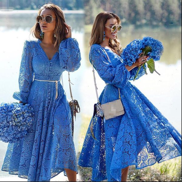 

women dress fall european and american fashion elegant lace hollow long sleeve v neck blue high quality, Black;gray
