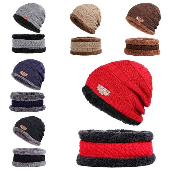 

cycling caps & masks fashion winter thick warm knitted hat fleece lined neck warmer scarf set for snowboard skiing skating cap beanie men wo, Black