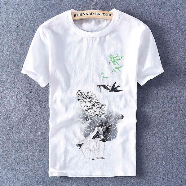 

t shirt small fresh cotton linen short sleeve summer loose white round neck printing men's, White;black