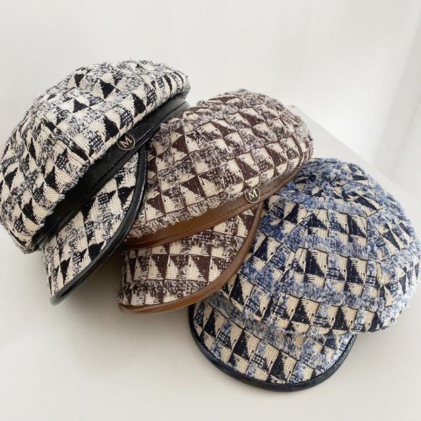 

stingy brim hats fashion retro female octagonal hat letter leather accessories casual british ladies beret, Blue;gray