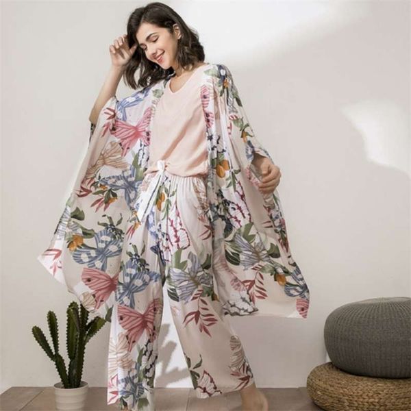 

women pajamas sets autumn butterfly floral printed elegant 4 piece pyjamas set viscose female night suits pyjamas sets 210928, Black;red