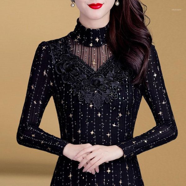 

women autumn rivet long sleeve mesh lace patchwork blouse female korean warm plus velvet turtleneck shirt z36 women's blouses & sh, White