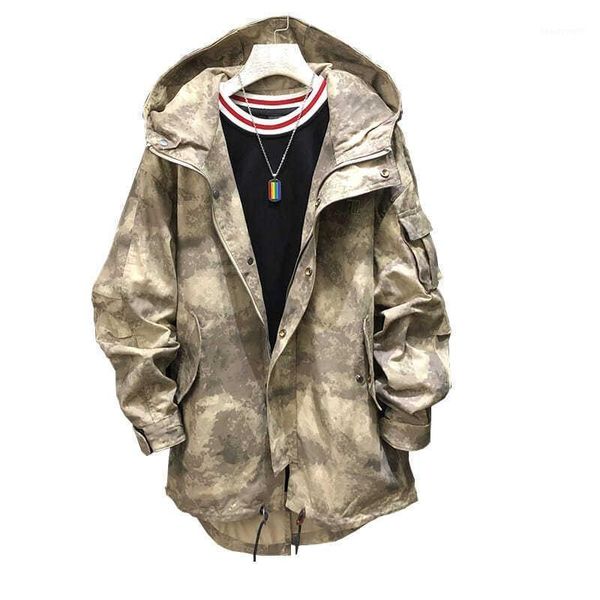 

men's trench coats desert gray camouflage windbreaker jacket korean version of the long couples outfit large size loose hooded storm, Tan;black