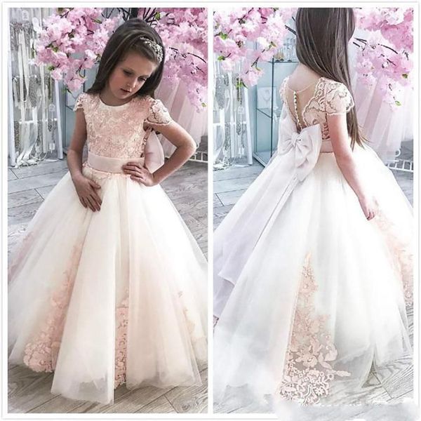 

pink flower girl dresses cap sleeves lace appliqued baby birthday party christmas first communion dress with bow, White;blue