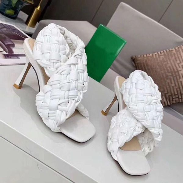 

genuine woven cow leather women mules shoes slippers designer sequare toe lady slides party heels, Black