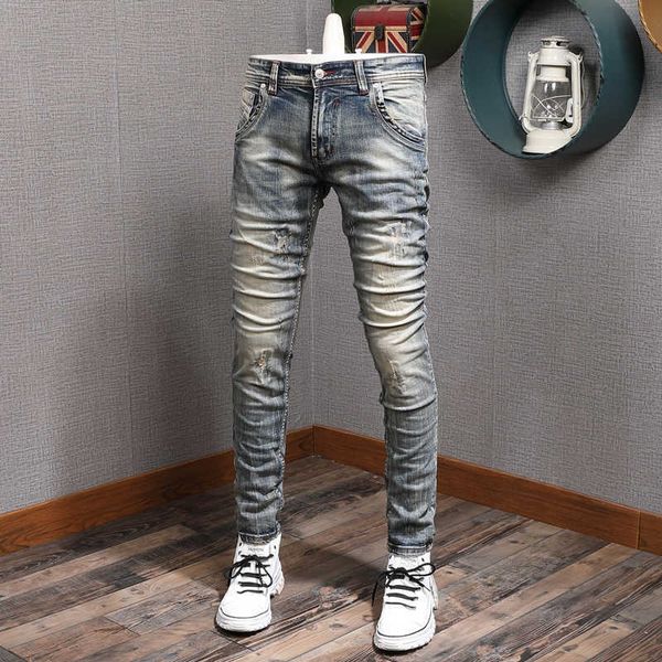 

italian style fashion men jeans retro wash slim fit ripped cotton denim pants streetwear vintage designer trousers bn1j, Blue