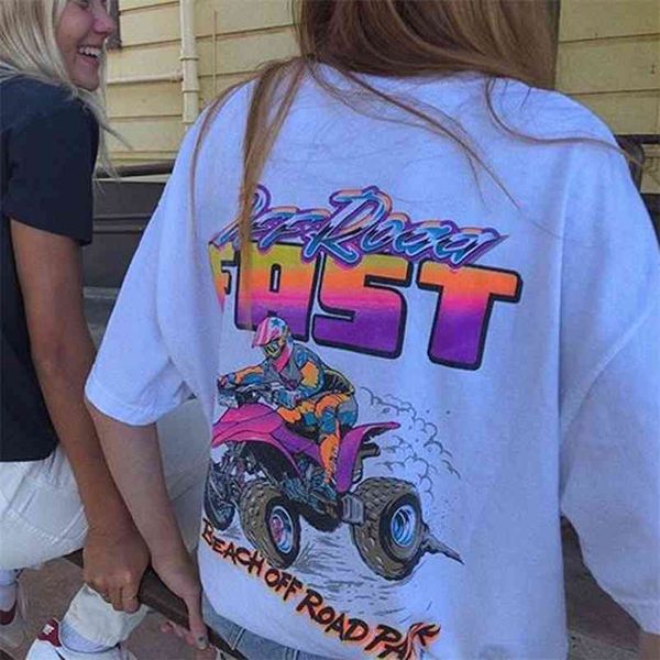 

vintage print t-shirt women new graphic short sleeve oversized tee female hip hop streetwear clothing casual t shirt 210320, White