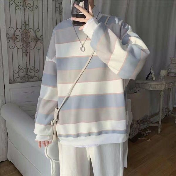 

men's hoodies & sweatshirts men striped long-sleeve t-shirt spring loose all-match o-neck pullover coats korean fashion male casual jac, Black