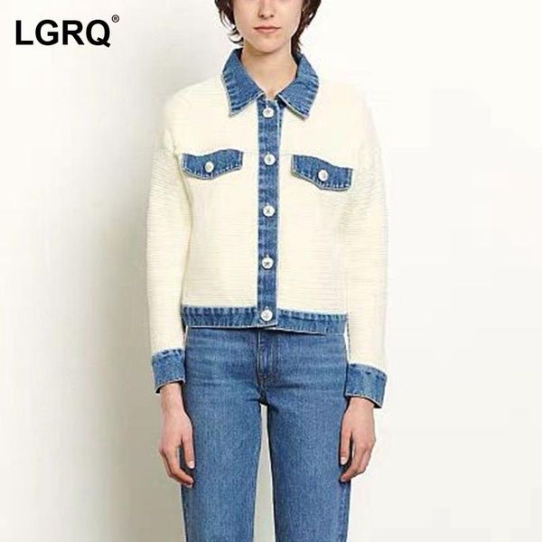 

women's jackets [lgrq] fit beige denim patchwork knitting jacket lapel long sleeve women coat fashion tide spring autumn 2021 19d2631, Black;brown