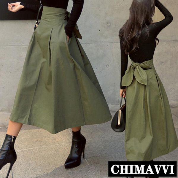 

autumn high waist slim army green skirts women's korean fashion solid color large swing a line skirt ladies calf-length, Black