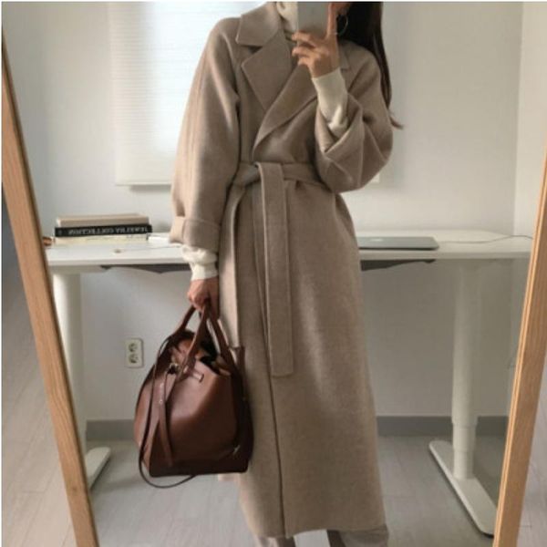

women's wool & blends fleece jacket fashion autumn and winter with waist wide loose lengthen elegant girls chic outerwear, Black