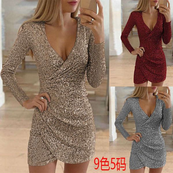 

autumn and winter v-neck bag hip irregular short skirt sequin dress, White;black