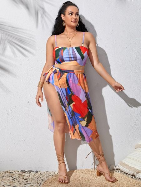 

3pack plus color block bikini swimsuit & cover up 61w3#, Black