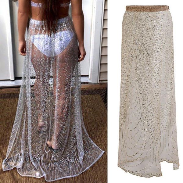 

skirts women summer beach lace high waist skirt long for lady tulle mesh transparent crystal beading, Black