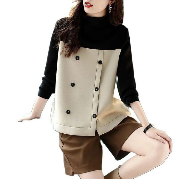

women's wool & blends half high collar long sleeve hedging woolen female 2021autumn winter loose all-match splicing color contrast ladi, Black