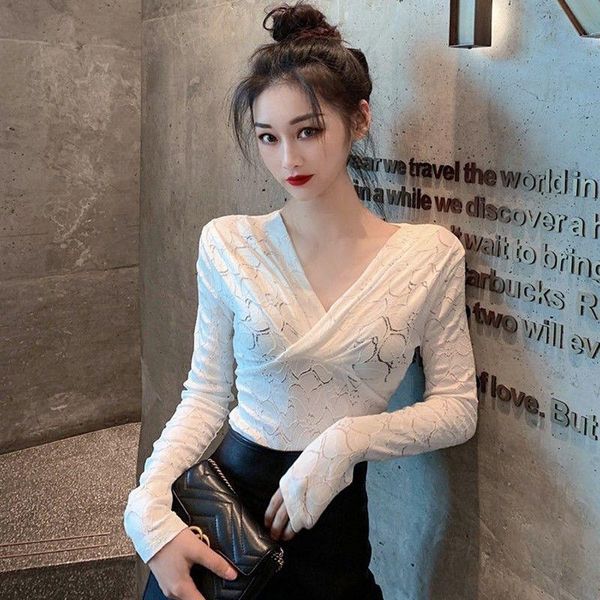 

women's blouses & shirts women blouse lace autumn winter v-neck hollow long-sleeved ropa de mujer, White