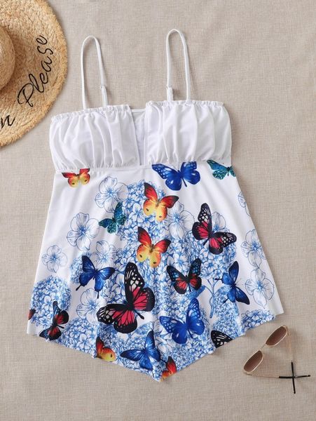 

plus floral & butterfly print ruched bust tankini p64c#, Black