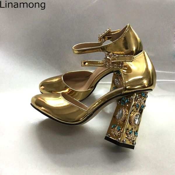 

summer luxury rhinestone rivets studs chunky heels sandals woman shiny mirror leather round toe gem crystal buckle lolita pumps, Black