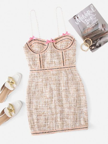 

bow front pearls detail tweed dress i9np#, Black;gray