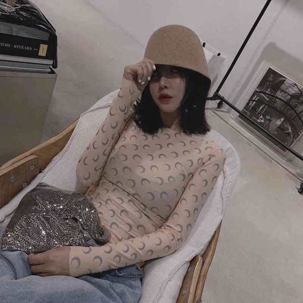

tee print long sleeve t-shirt nude allover moon printed reflective orescent elastic tight bottoming blouse for women m2, White