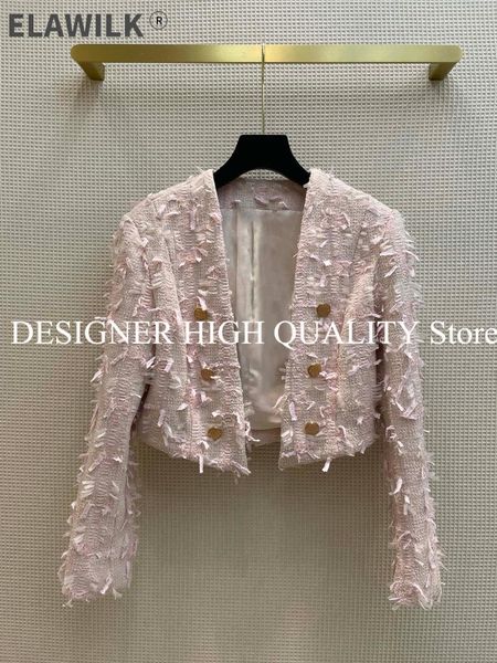 

women's wool & blends 2021 autumn winter shorts design tweed jacket women pink tassel woolen plaid o-neck double breasted retro high-en, Black