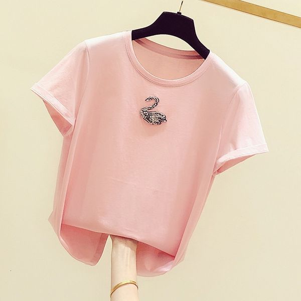 

t shirt pink white women summer korean handmade swan diamond beaded round neck t-shirt girls ladies tee shirts t shirt