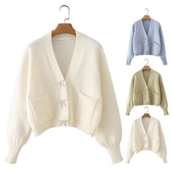 

women's knits & tees single-breasted long sleeve sweater cardigan autumn winter v-neck pockets short type knitted coat outerwear, White