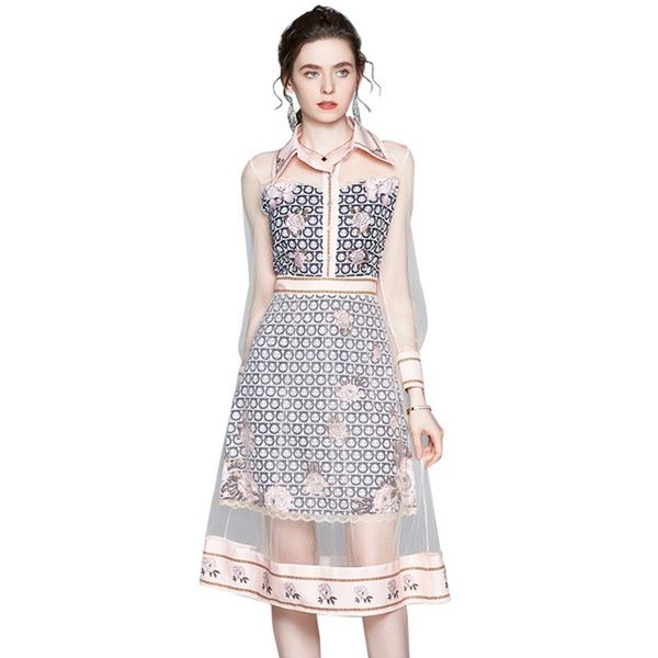 

spring summer women flower printed splicing mesh dress perspective long lantern sleeve mesh pink french elegant midi dress 210514, Black;gray
