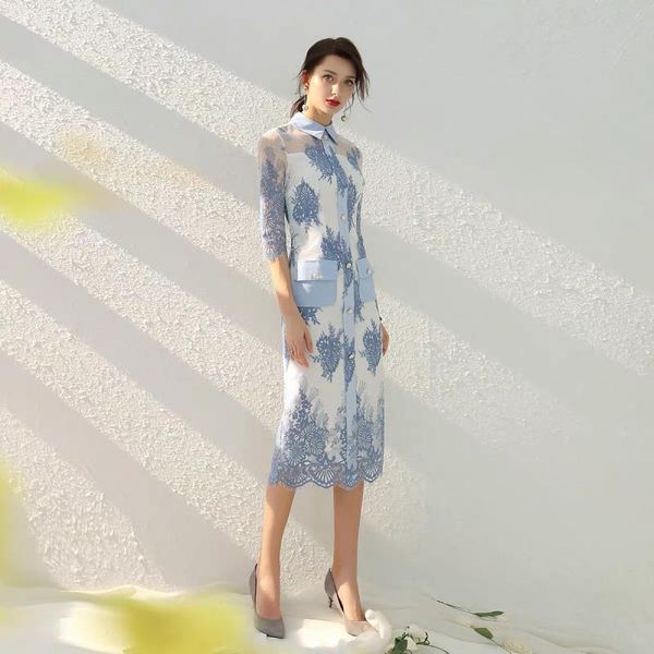 

bridesmaid dress celebrity dresses 2021 retro lapel fashion work party slim elegant embroidery half sleeves blue flower wedding guest gowns, White;pink