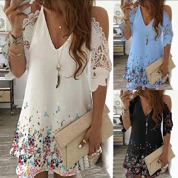 

casual dresses women floral printed lace dress summer vintage v-neck sling off shoulder hollow out party ladies beach mini 2021, Black;gray