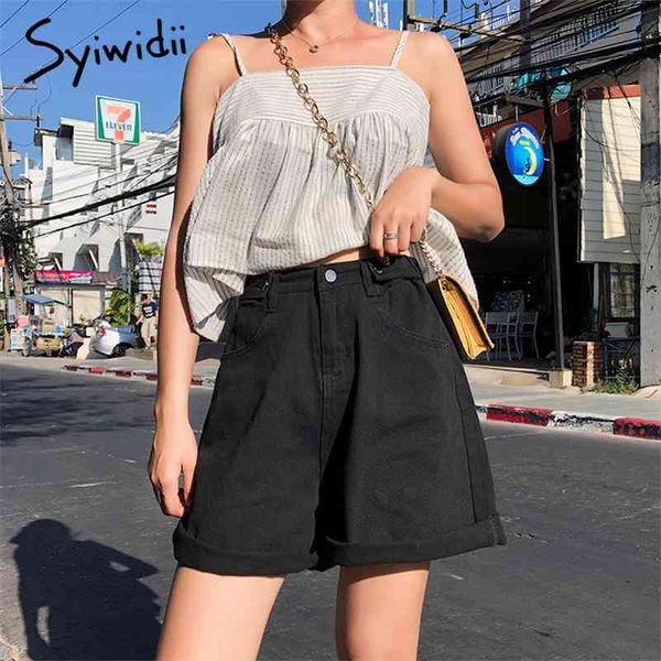 

syiwidii streetwear womens shorts button denim high waist short harajuku denim fold wide legs blue shorts summer 210324, White;black